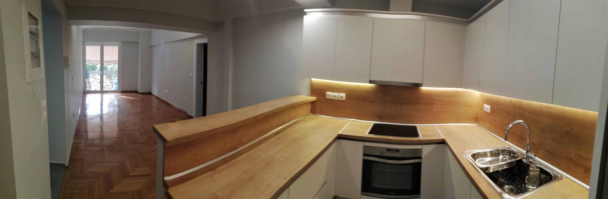 Ανακαίνιση Διαμερίσματος στου Ζωγράφου – Α 507 – πανοραμα ντουλαπια κουζινα βακελιτης παγκος inox νεροχυτης πασο κρυφος φωτισμος Ανακαίνιση Διαμερίσματος στου Ζωγράφου - πανόραμα -Κουζίνα - Πάγκος